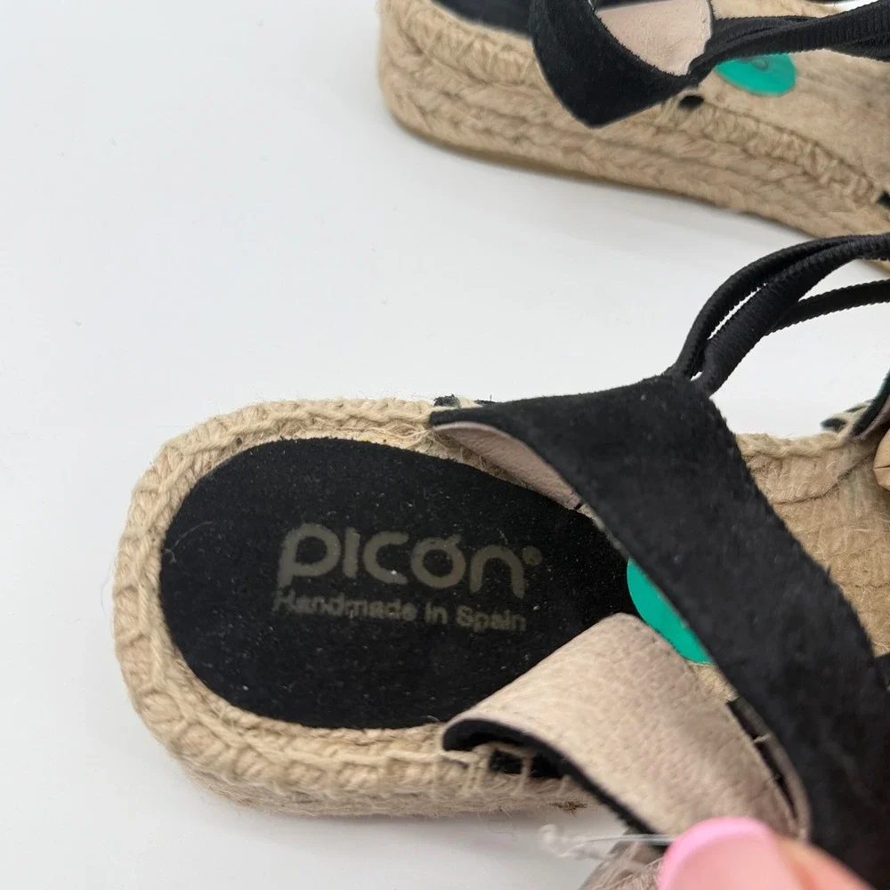 Picon Womens Black Leather Suede Espadrille Sandals Made in Spain Size 8 NEW
